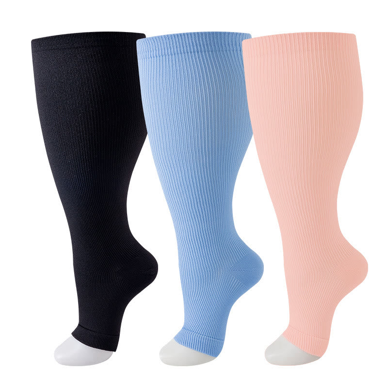 Kompressionsstrümpfe mit offener Zehenpartie in Übergröße, Schwarz, Blau und Rosa (3 Paar) - image 3