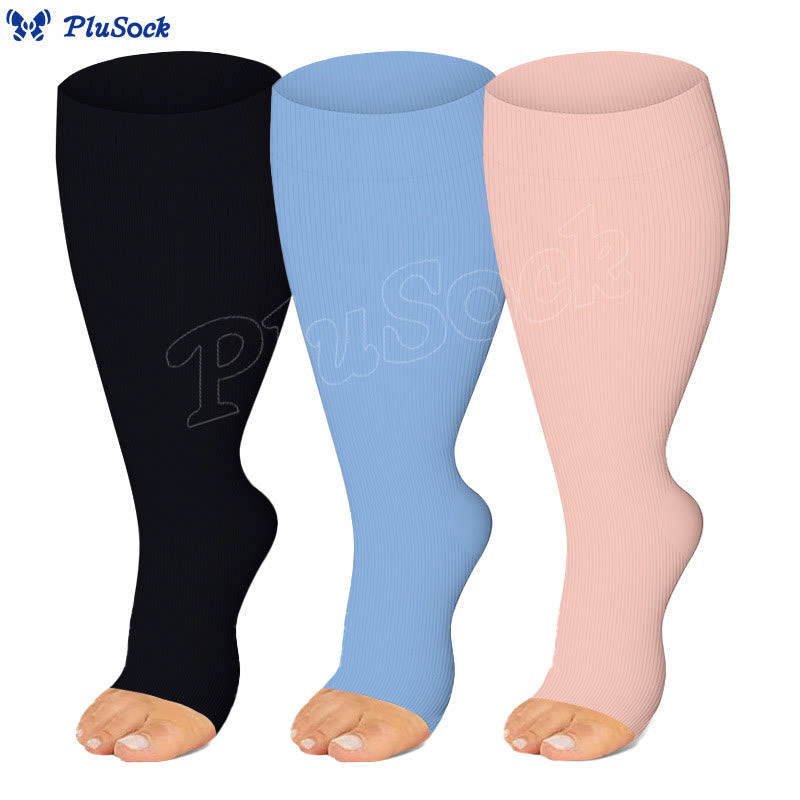 Kompressionsstrümpfe mit offener Zehenpartie in Übergröße, Schwarz, Blau und Rosa (3 Paar) - image 0