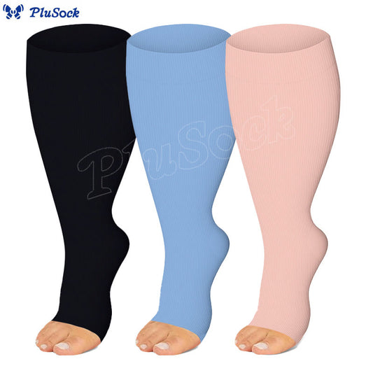 Kompressionsstrümpfe mit offener Zehenpartie in Übergröße, Schwarz, Blau und Rosa (3 Paar) - image 0