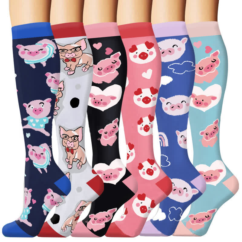 Kompressionssocken zum Laufen im Freien mit süßem Schweine-Print (6 Paar)