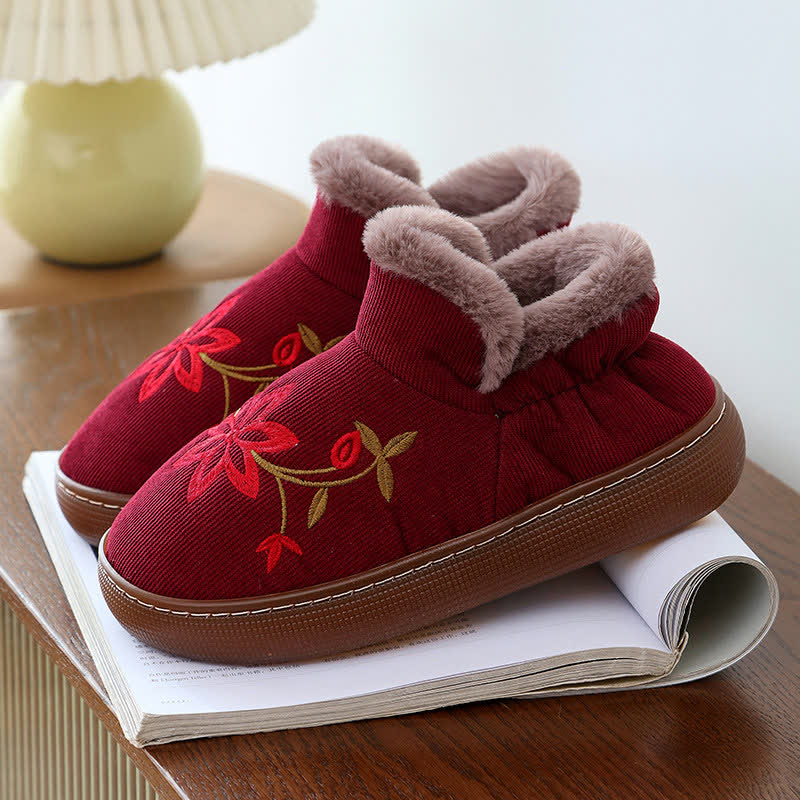 Rutschfeste warme Hausschuhe mit Blumenstickerei - Rot - EU39-40 (US6-7) - image 4