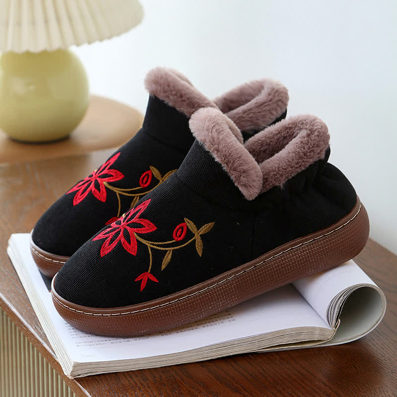 Rutschfeste warme Hausschuhe mit Blumenstickerei - Schwarz - EU39-40 (US6-7) - image 9