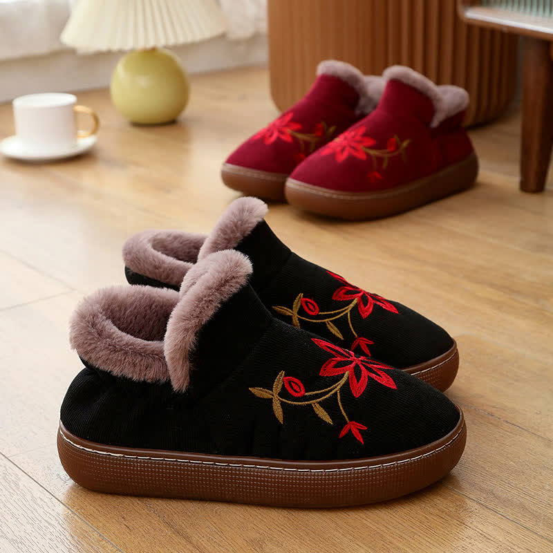 Rutschfeste warme Hausschuhe mit Blumenstickerei - image 2