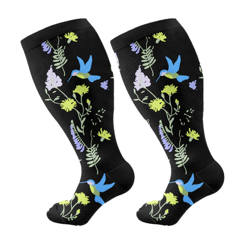 Kompressionsstrümpfe mit Blumen- und Vogelmotiv in Übergröße - B - 4XL - image 7