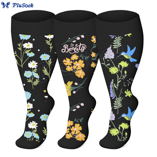 Kompressionsstrümpfe mit Blumen- und Vogelmotiv in Übergröße - image 1