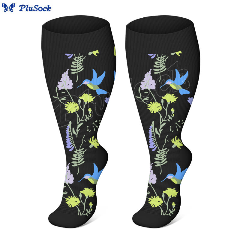 Kompressionsstrümpfe mit Blumen- und Vogelmotiv in Übergröße - image 3