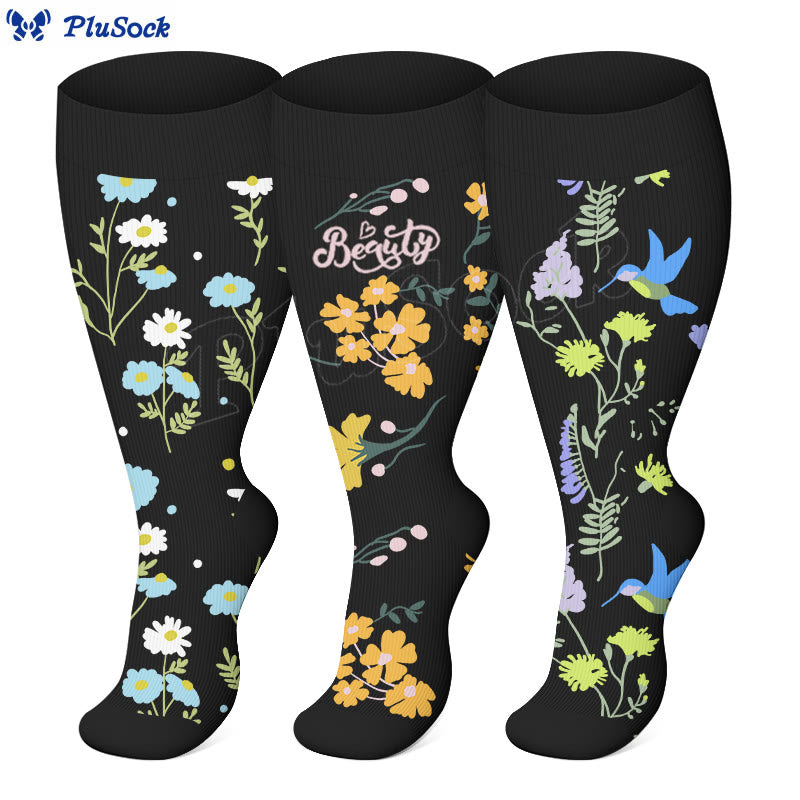 Kompressionsstrümpfe mit Blumen- und Vogelmotiv in Übergröße - image 0