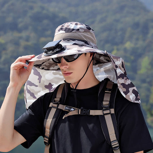 Camouflage-Bucket-Hut mit Nackenklappe und wiederaufladbarem Ventilator (2 Packungen)