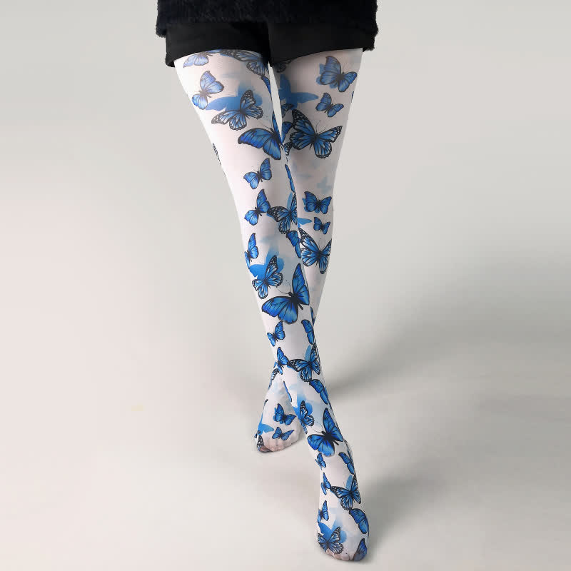 Weiße Strumpfhose mit Vintage-Schmetterlings-Blumendruck - E - Einheitsgröße - image 6