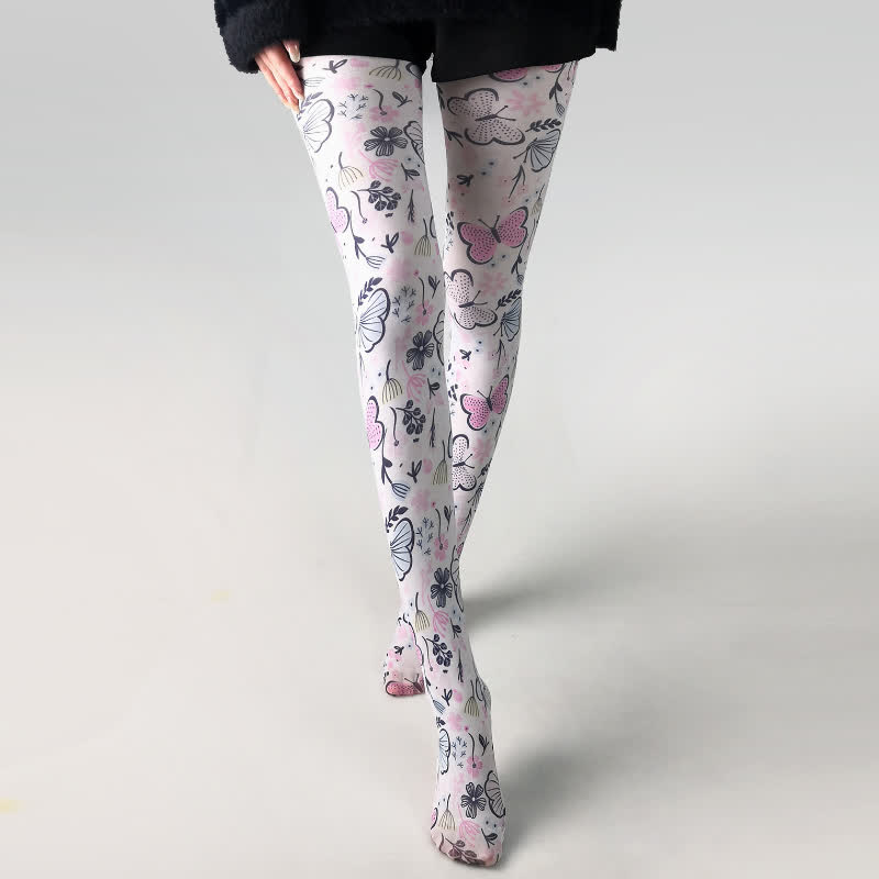 Weiße Strumpfhose mit Vintage-Schmetterlings-Blumendruck - C - Einheitsgröße - image 3