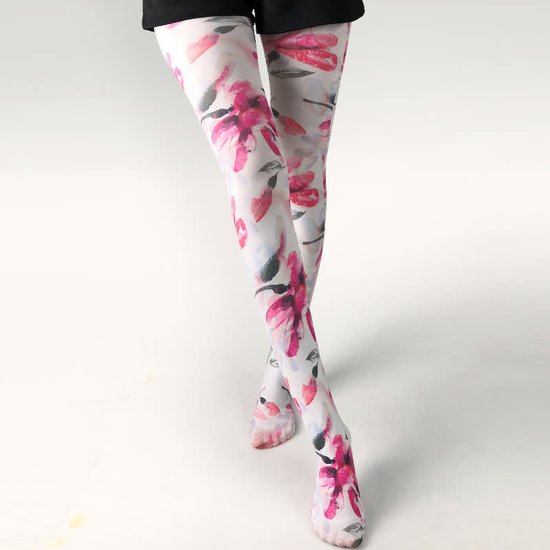 Weiße Strumpfhose mit Vintage-Schmetterlings-Blumendruck - B - Einheitsgröße - image 2
