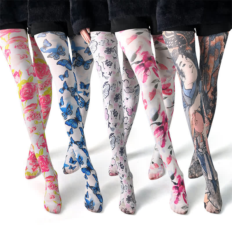 Weiße Strumpfhose mit Vintage-Schmetterlings-Blumendruck - image 1