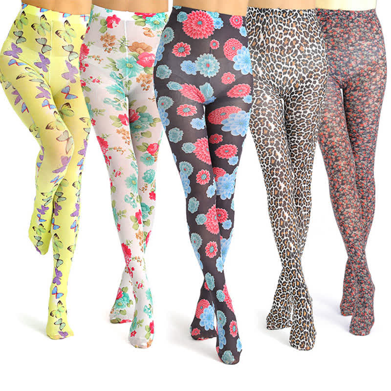 Strumpfhose mit Vintage-Blumenprint und Leopardenmuster - image 2