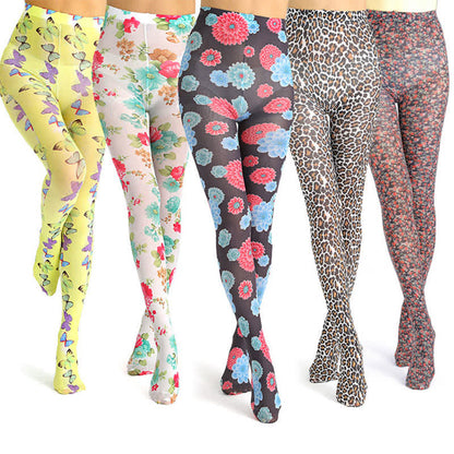 Strumpfhose mit Vintage-Blumenprint und Leopardenmuster - image 2