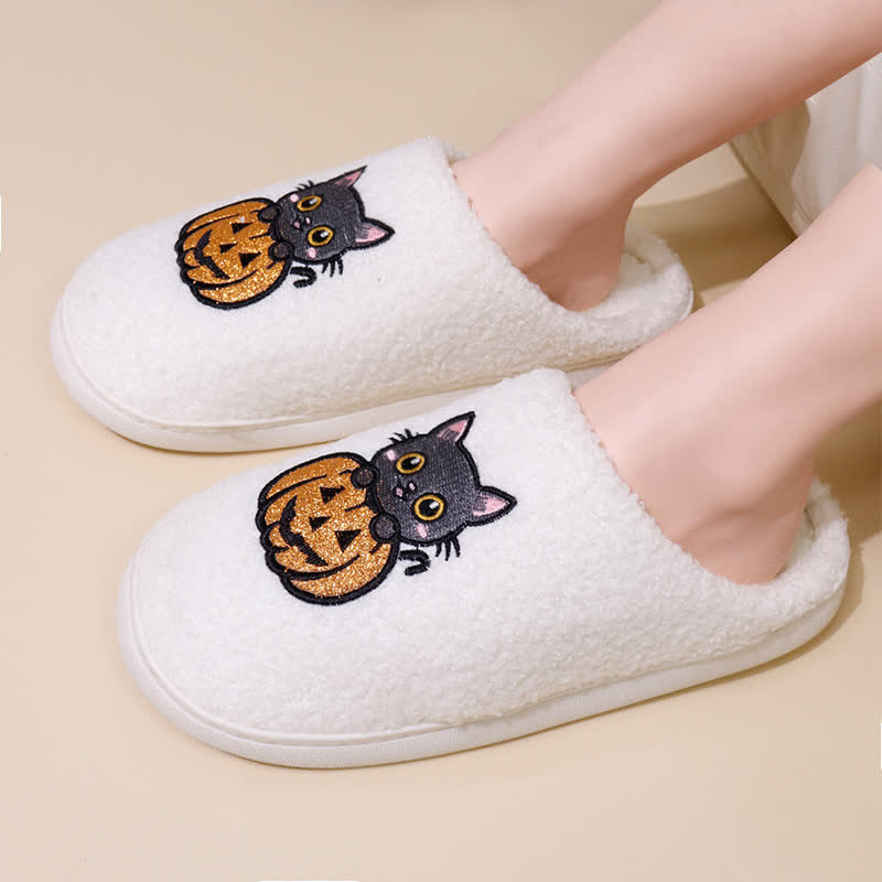 Hausschuhe mit Halloween-Kürbis- und Katzen-Print in Übergröße - image 0