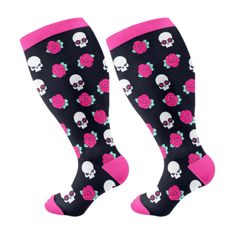 Kompressionsstrümpfe der Halloween-Blumentotenkopf-Serie in Übergröße (3 Paar) - Rosenrot (1 Paar) - 4XL - image 12