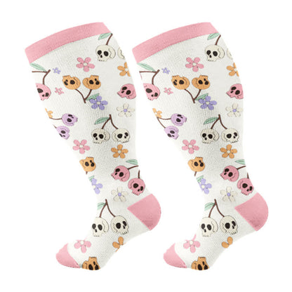 Kompressionsstrümpfe der Halloween-Serie mit Blumen- und Totenkopfmotiv in Übergröße - Rosa - 4XL - image 5