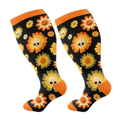 Kompressionsstrümpfe der Halloween-Blumentotenkopf-Serie in Übergröße (3 Paar) - Orange (1 Paar) - 4XL - image 11