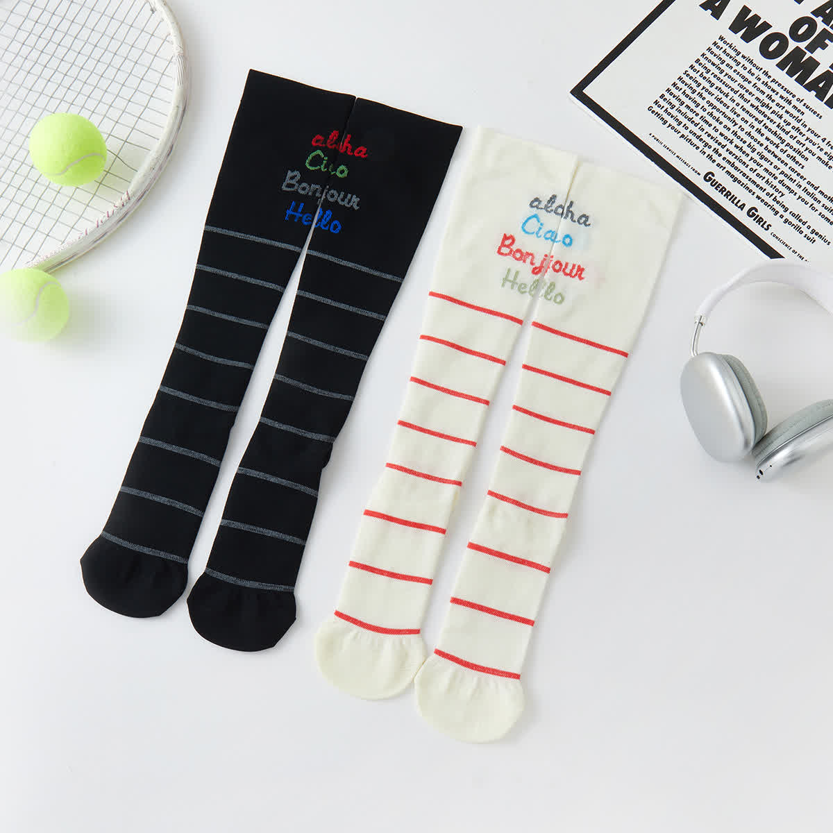 Kompressions-Kniestrümpfe mit Buchstaben-Streifen-Print (2 Paar)