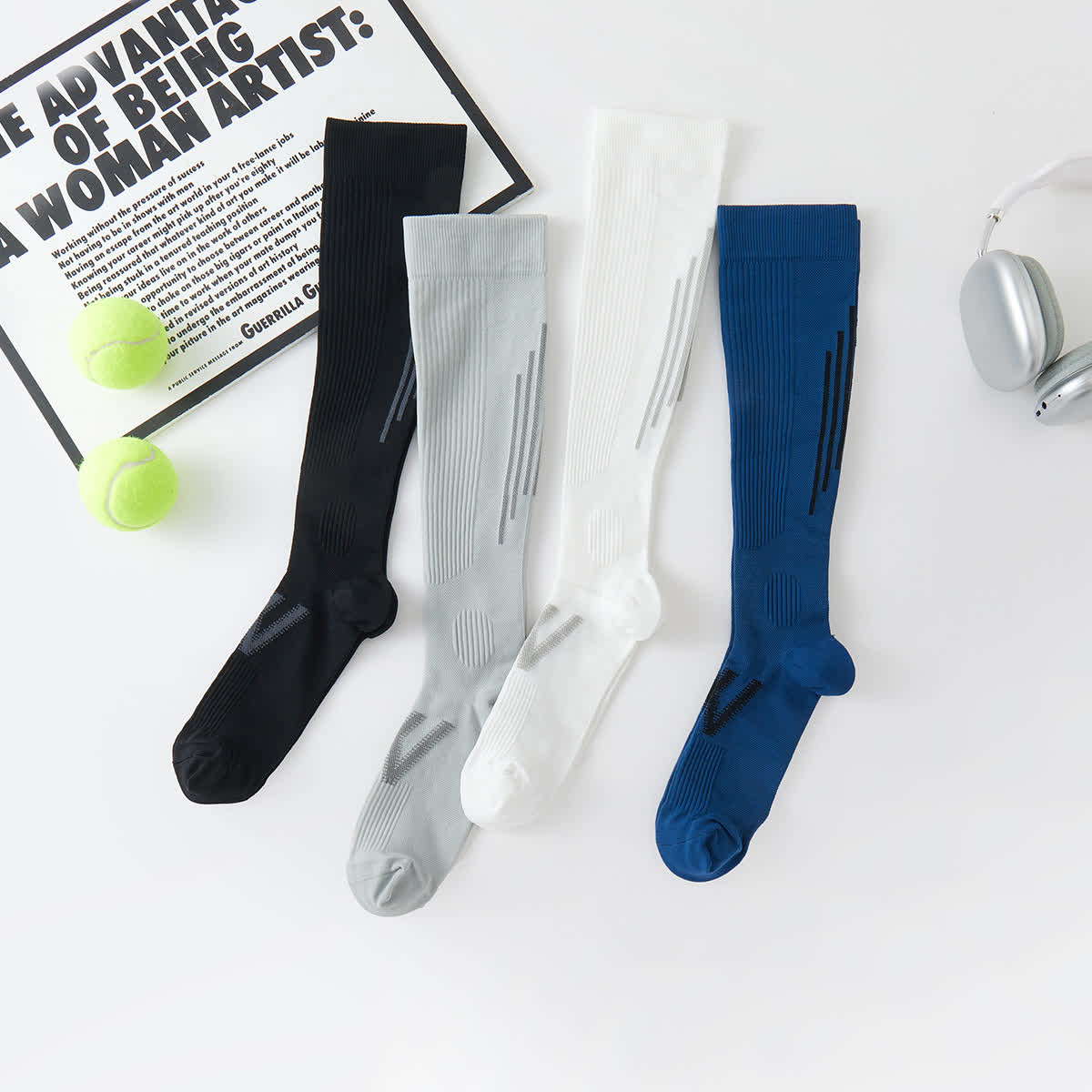 Gestreifte Sport-Kompressions-Kniestrümpfe (4 Paar)