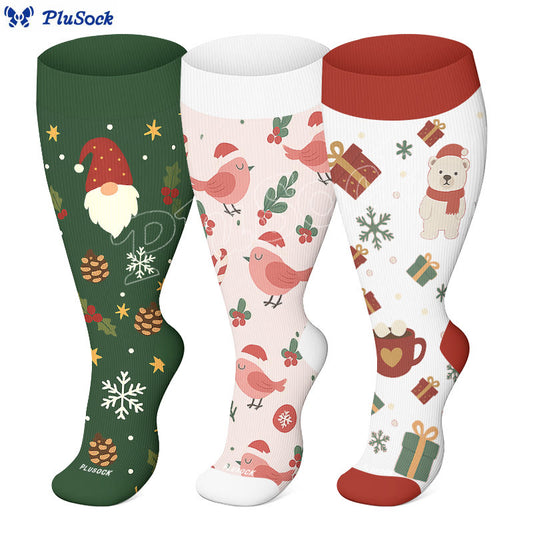 Kompressionsstrümpfe mit Weihnachtswichtel- und Vogelmotiven in Übergröße - image 0