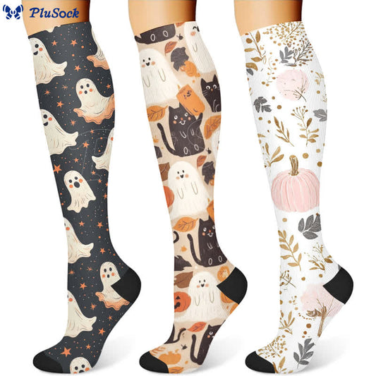 Halloween-Kompressionsstrümpfe mit süßem Geisterkatzen-Aufdruck (3 Paar) - image 1