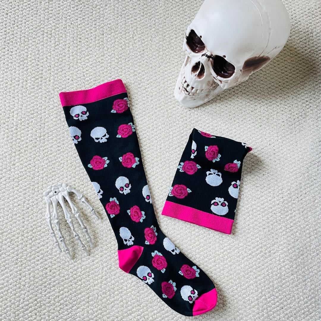 Kompressionsstrümpfe der Halloween-Blumentotenkopf-Serie in Übergröße (3 Paar) - image 4