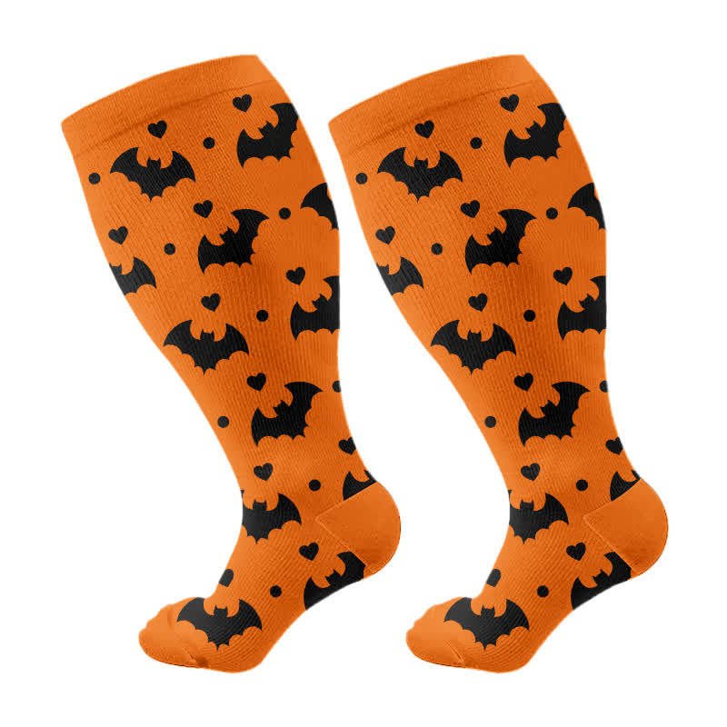 Plus Size Halloween Kompressionsstrümpfe mit niedlichem Fledermaus- und Katzenmuster - Orange - 4XL - image 9