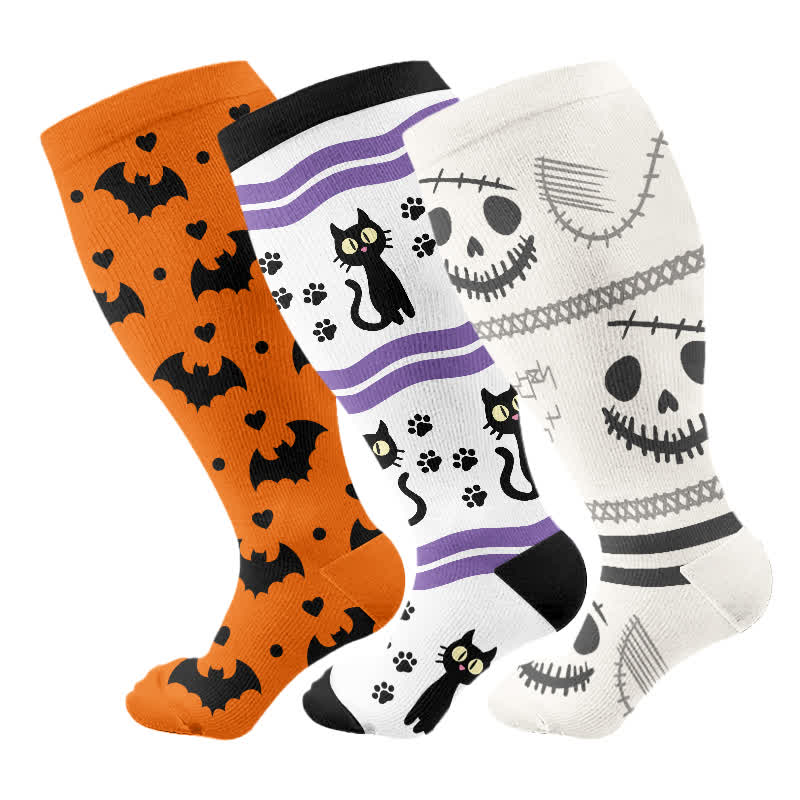 Übergröße Halloween-Kompressionsstrümpfe mit süßem Fledermaus- und Katzen-Print (3 Paar) - Mehrfarbig - 4XL - image 5