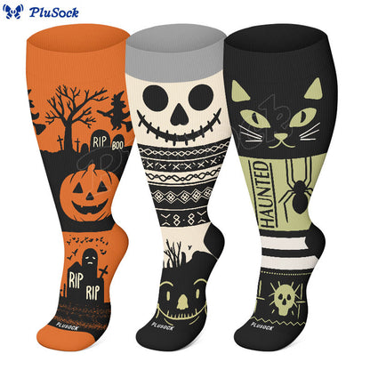 Kompressionsstrümpfe mit Halloween-Katzen- und Spinnenmotiv in Übergröße (3 Paar) - image 1