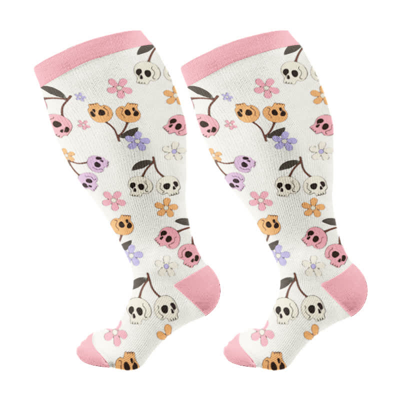 Plus Size Halloween Floral Skull Series Kompressionsstrümpfe - Rosa - 4XL - image 13
