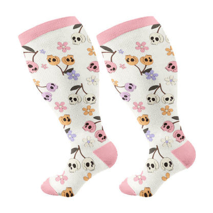 Plus Size Halloween Floral Skull Series Kompressionsstrümpfe - Rosa - 4XL - image 13