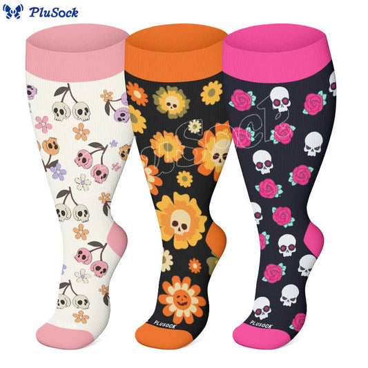 Kompressionsstrümpfe der Halloween-Blumentotenkopf-Serie in Übergröße (3 Paar) - image 1