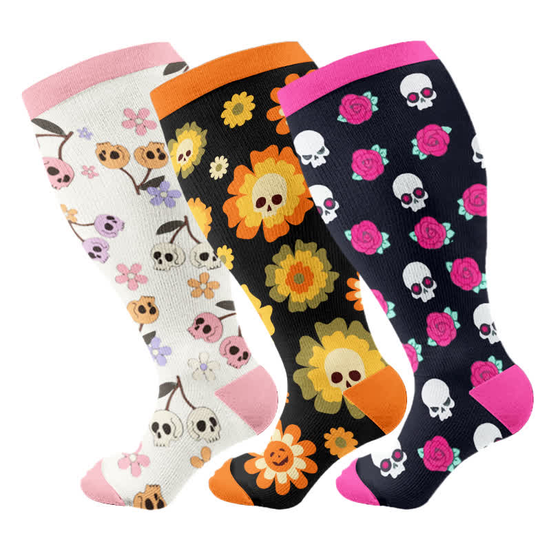 Kompressionsstrümpfe der Halloween-Blumentotenkopf-Serie in Übergröße (3 Paar) - Mehrfarbig - 4XL - image 9