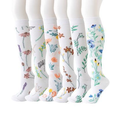 Weiße Kompressionsstrümpfe der Blumenserie (6 Paar) - Mehrfarbig - L/XL - image 0