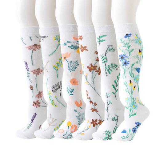 Weiße Kompressionsstrümpfe der Blumenserie (6 Paar) - Mehrfarbig - L/XL - image 1