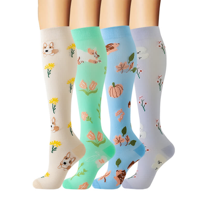 Kniehohe Kompressionsstrümpfe mit Tiermotiv und Blumenmuster (4 Paar) - Mehrfarbig - S/M - image 0