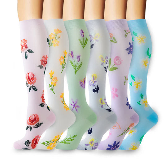 Kniehohe Kompressionsstrümpfe mit Blumenblütenmotiv (6 Paar) - Mehrfarbig - S/M - image 0