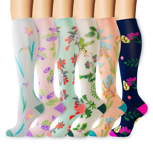Kniehohe Kompressionsstrümpfe mit Blumenmuster in leuchtenden Farben (6 Paar) - Mehrfarbig - S/M - image 0