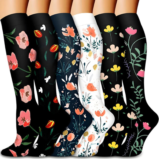 Kniehohe Kompressionsstrümpfe mit Blumenmuster in Schwarz und Weiß (6 Paar) - Mehrfarbig - S/M - image 0