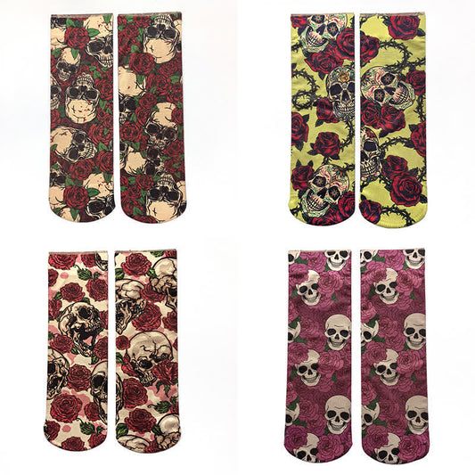 Halloween-Söckchen mit Rosen-Totenkopf-Print (4 Paar) - Mehrfarbig - EU36-42 (US3-8,5) - image 0