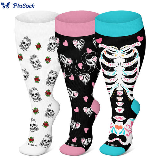 Kompressionsstrümpfe mit Halloween-Totenkopf-Blumen-Herz-Aufdruck in Übergröße (3 Paar) - image 0
