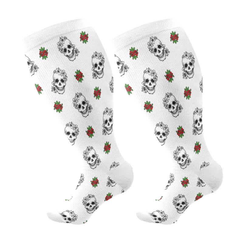 Kompressionsstrümpfe mit Halloween-Totenkopf-Blumen-Herz-Aufdruck in Übergröße (3 Paar) - Weiß (1 Paar) - 4XL - image 5