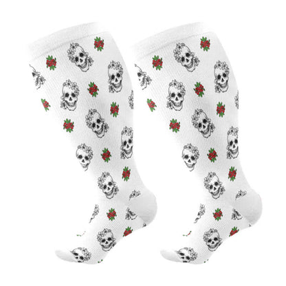 Kompressionsstrümpfe mit Halloween-Totenkopf-Blumen-Herz-Aufdruck in Übergröße (3 Paar) - Weiß (1 Paar) - 4XL - image 5
