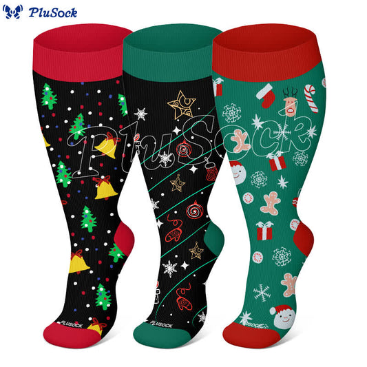 Kompressionsstrümpfe mit Weihnachtsbaumglocken- und Schneeflocken-Aufdruck in Übergröße (3 Paar) - image 0