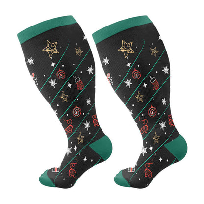 Kompressionsstrümpfe mit Weihnachtsbaumglocken- und Schneeflocken-Aufdruck in Übergröße (3 Paar) - Schwarz und Grün (1 Paar) - 4XL - image 6