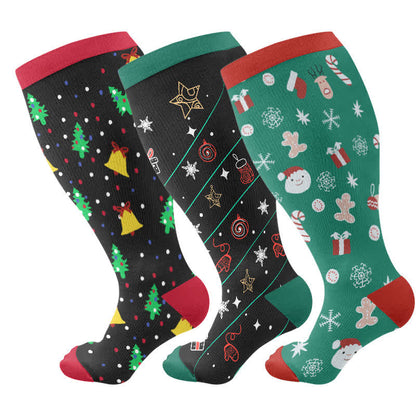 Kompressionsstrümpfe mit Weihnachtsbaumglocken- und Schneeflocken-Aufdruck in Übergröße (3 Paar) - Mehrfarbig - 4XL - image 4