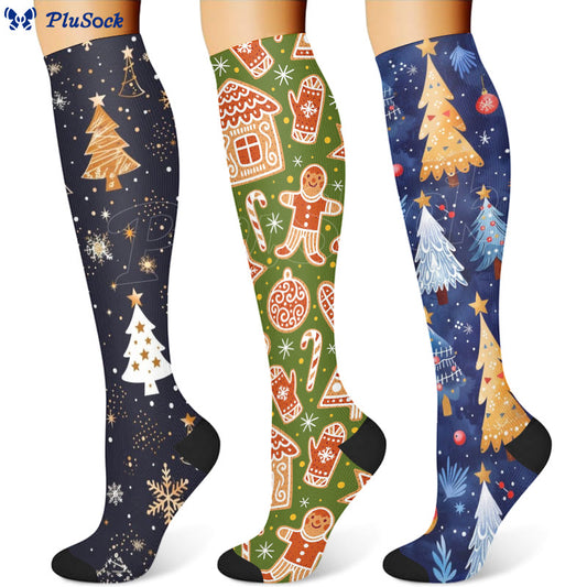 Weihnachts-Kompressionsstrümpfe mit Lebkuchenmann und Weihnachtsbaum (3 Paar) - image 0