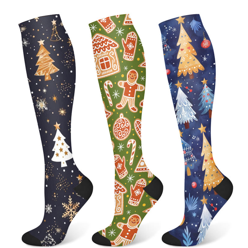 Weihnachts-Kompressionsstrümpfe mit Lebkuchenmann und Weihnachtsbaum (3 Paar) - Mehrfarbig - S/M - image 1