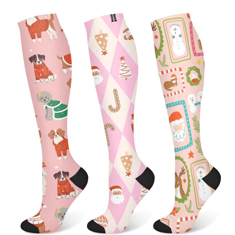 Weihnachts-Kompressionsstrümpfe mit rosa Hunden (3 Paar) - Mehrfarbig - S/M - image 1